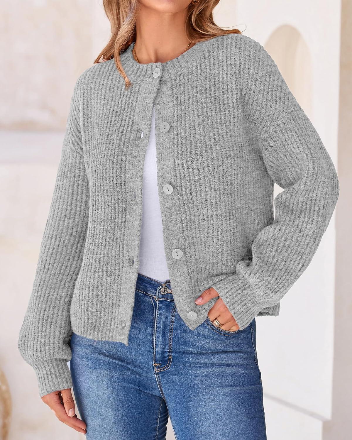 imageBTFBM Cardigan Sweaters for Women Fall 2026 Long Sleeve Button Down Soft Loose Chunky Knit Outwear Cropped Winter CoatsGrey