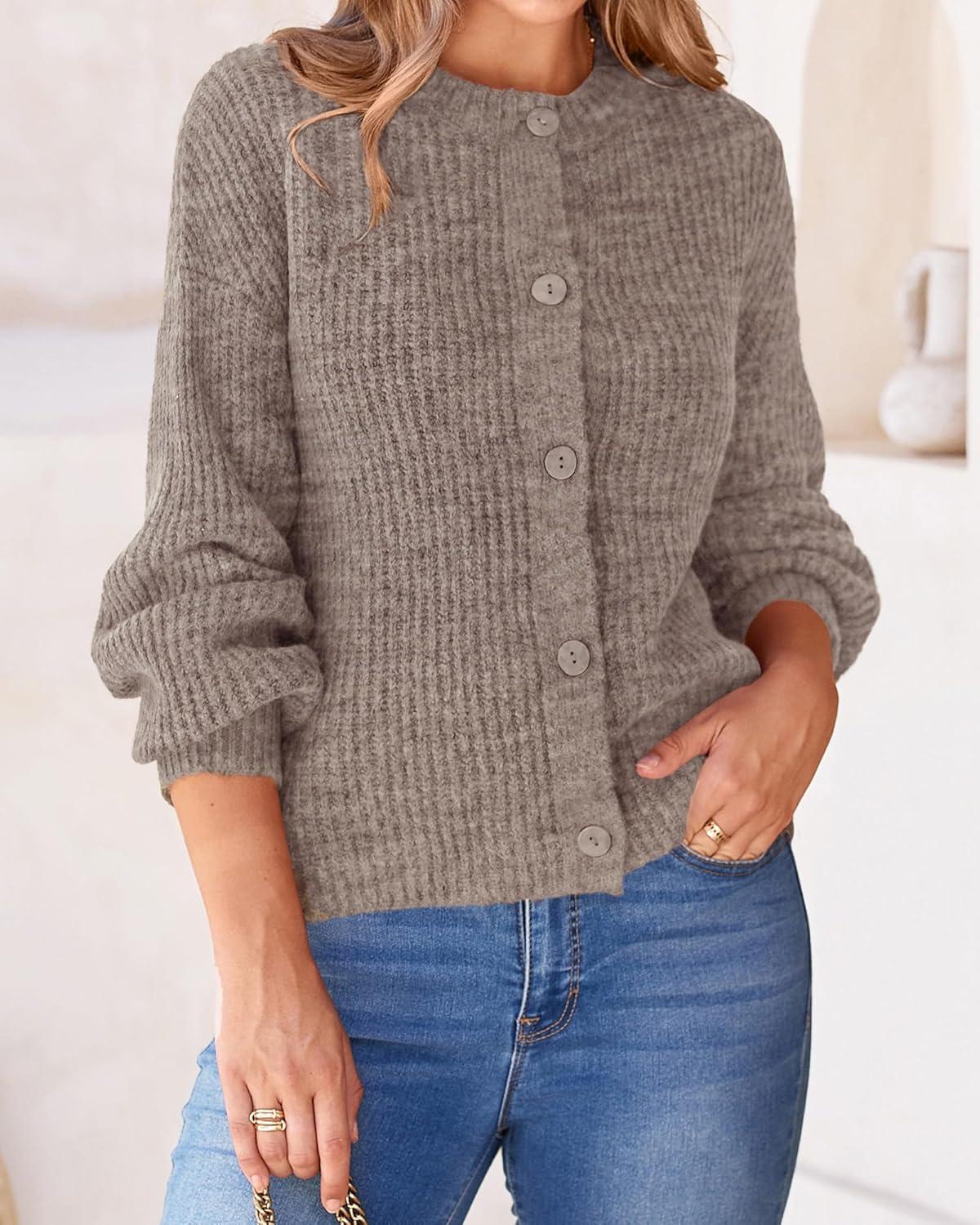 imageBTFBM Cardigan Sweaters for Women Fall 2026 Long Sleeve Button Down Soft Loose Chunky Knit Outwear Cropped Winter CoatsKhaki