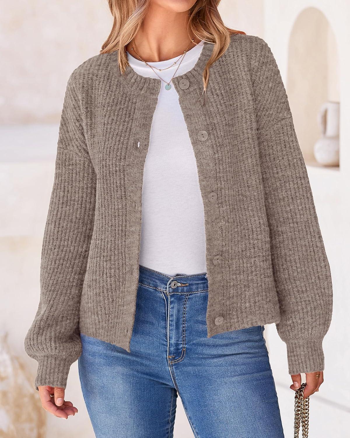 imageBTFBM Cardigan Sweaters for Women Fall 2026 Long Sleeve Button Down Soft Loose Chunky Knit Outwear Cropped Winter CoatsKhaki