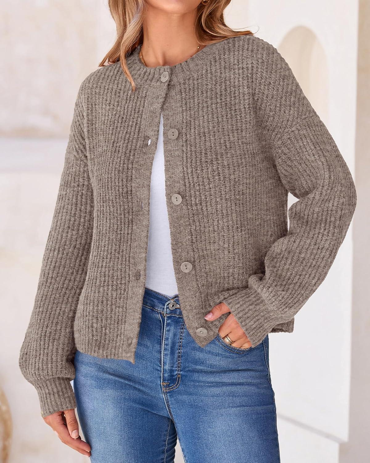 imageBTFBM Cardigan Sweaters for Women Fall 2026 Long Sleeve Button Down Soft Loose Chunky Knit Outwear Cropped Winter CoatsKhaki