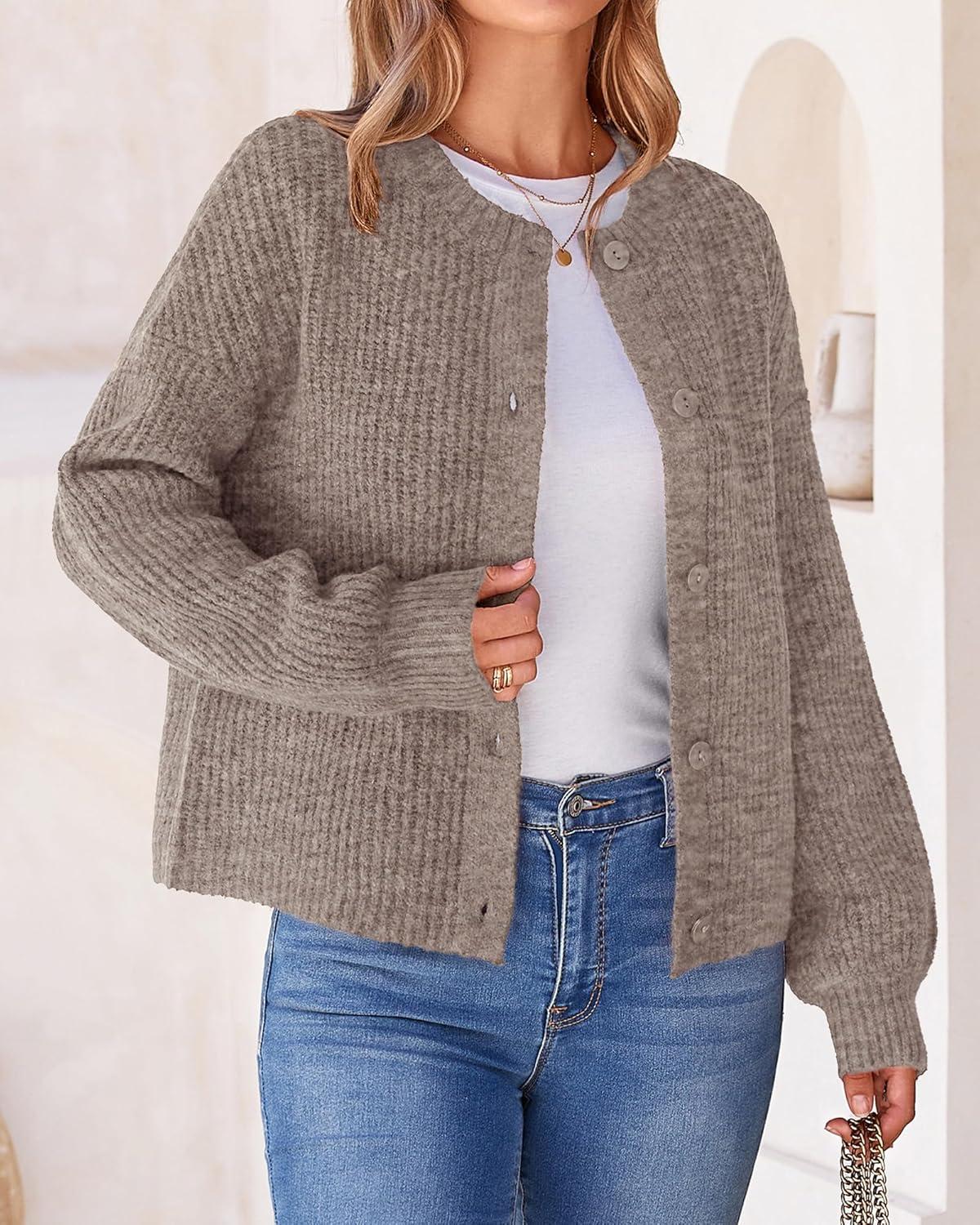 imageBTFBM Cardigan Sweaters for Women Fall 2026 Long Sleeve Button Down Soft Loose Chunky Knit Outwear Cropped Winter CoatsKhaki