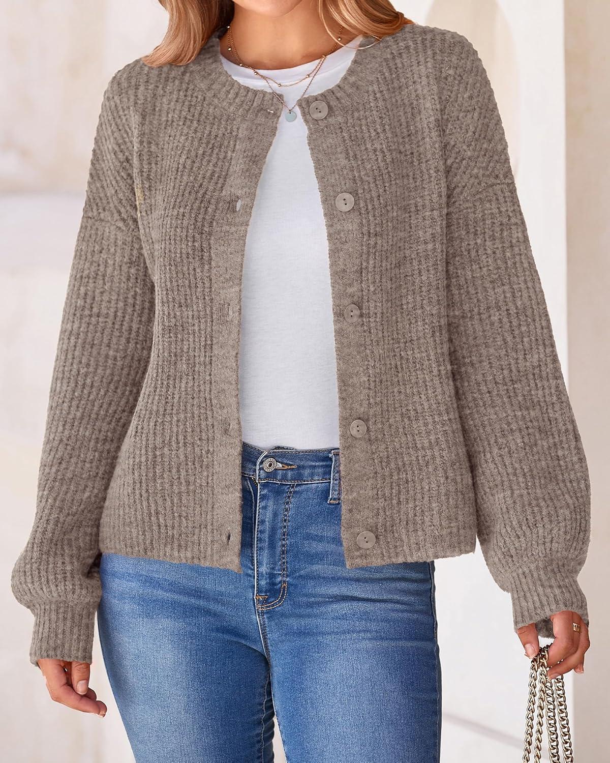 imageBTFBM Cardigan Sweaters for Women Fall 2026 Long Sleeve Button Down Soft Loose Chunky Knit Outwear Cropped Winter CoatsKhaki