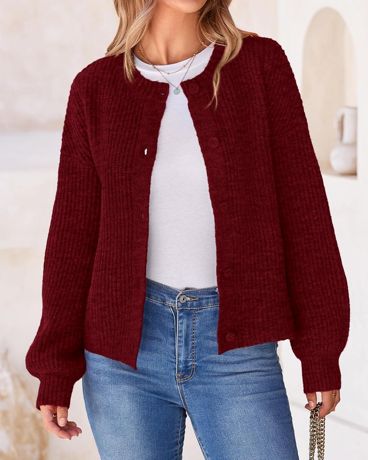imageBTFBM Cardigan Sweaters for Women Fall 2026 Long Sleeve Button Down Soft Loose Chunky Knit Outwear Cropped Winter CoatsWine Red