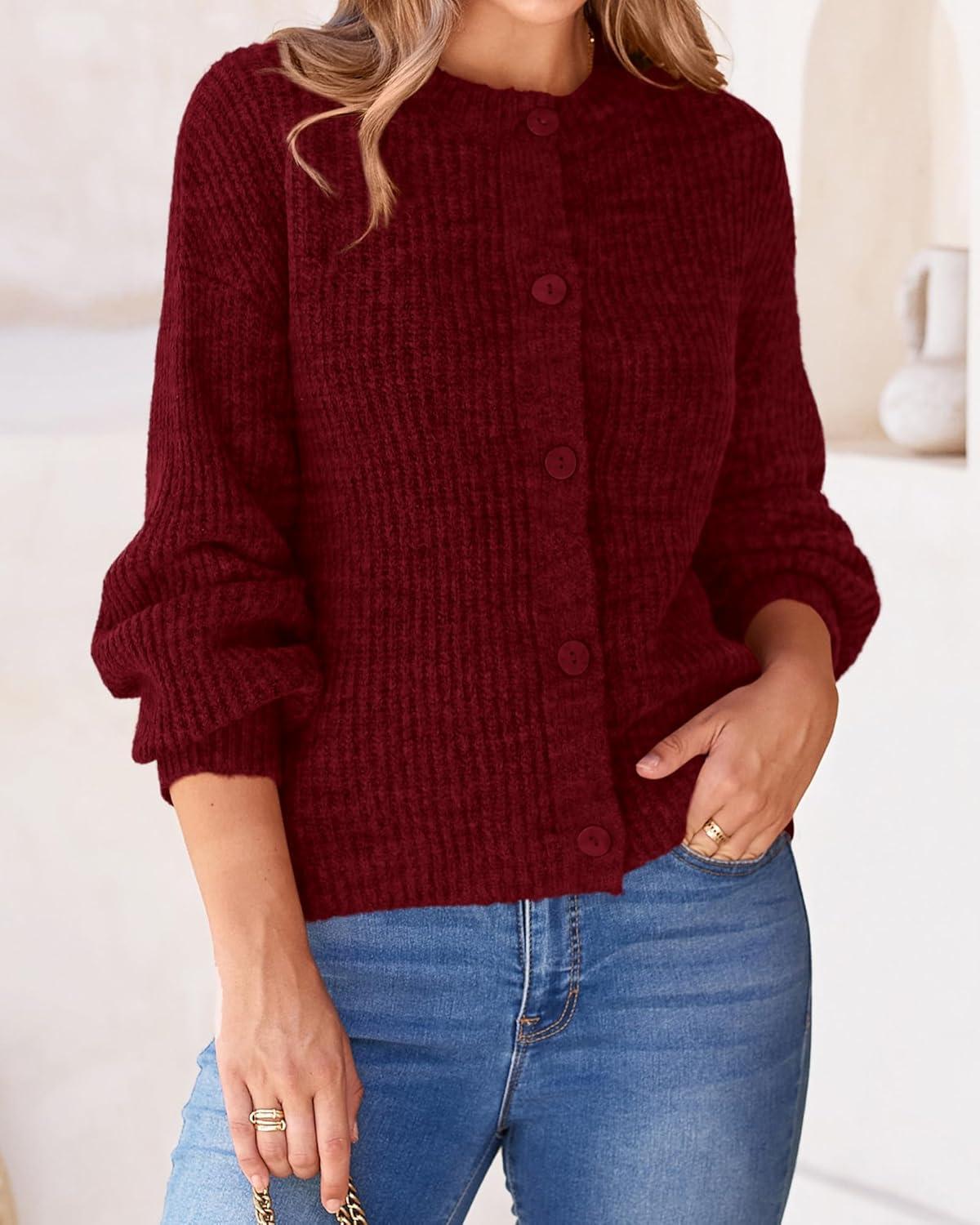 imageBTFBM Cardigan Sweaters for Women Fall 2026 Long Sleeve Button Down Soft Loose Chunky Knit Outwear Cropped Winter CoatsWine Red