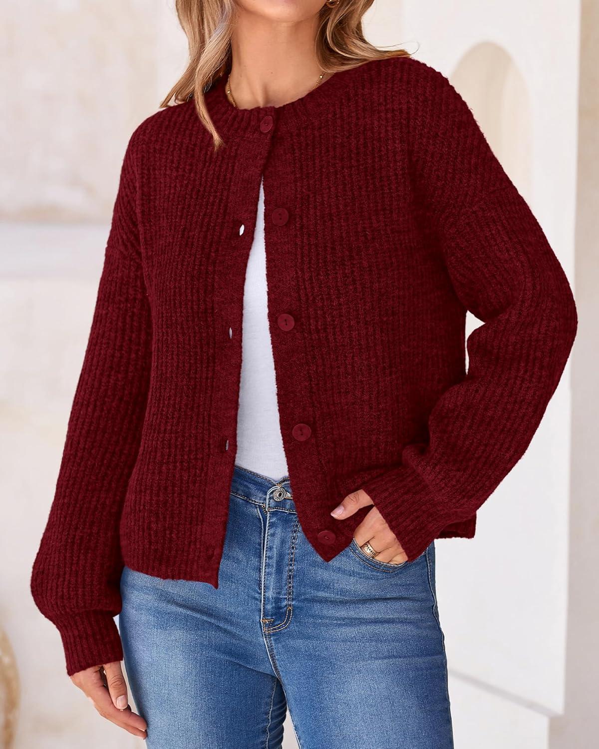 imageBTFBM Cardigan Sweaters for Women Fall 2026 Long Sleeve Button Down Soft Loose Chunky Knit Outwear Cropped Winter CoatsWine Red