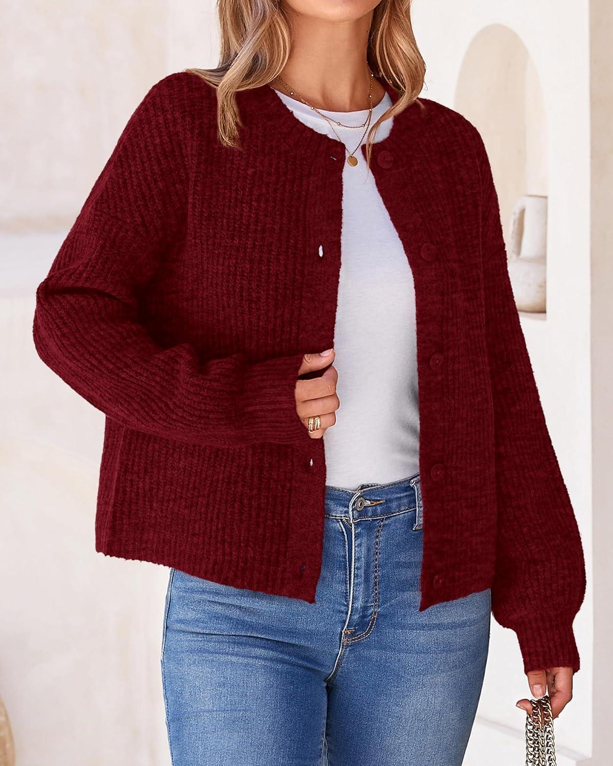 imageBTFBM Cardigan Sweaters for Women Fall 2026 Long Sleeve Button Down Soft Loose Chunky Knit Outwear Cropped Winter CoatsWine Red