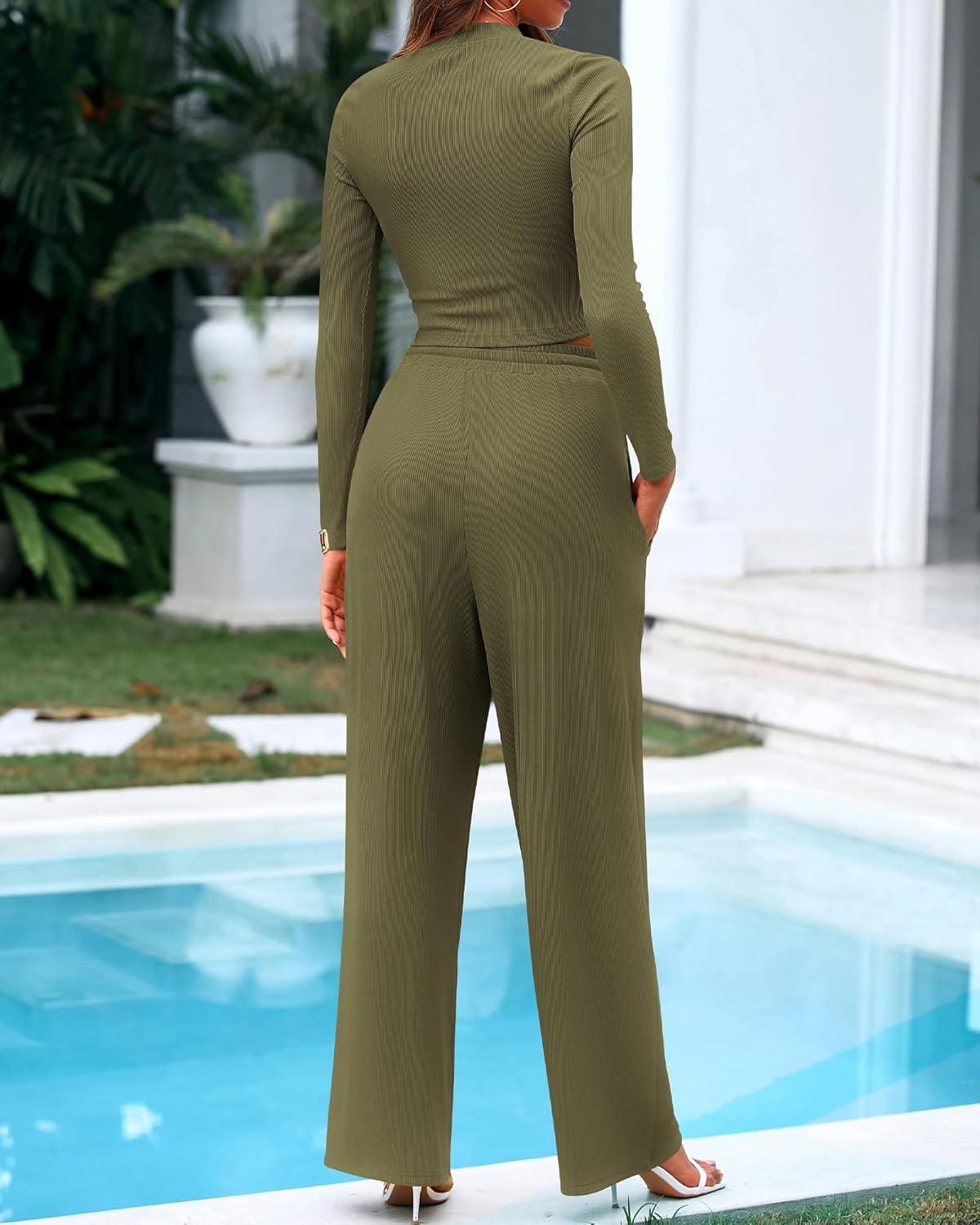 imageBTFBM Casual 2 Piece Sets For Women Fall Outfits 2025 Ribbed Spring Long Sleeve Crop Top Wide Leg Pants Matching Lounge SetArmy Green