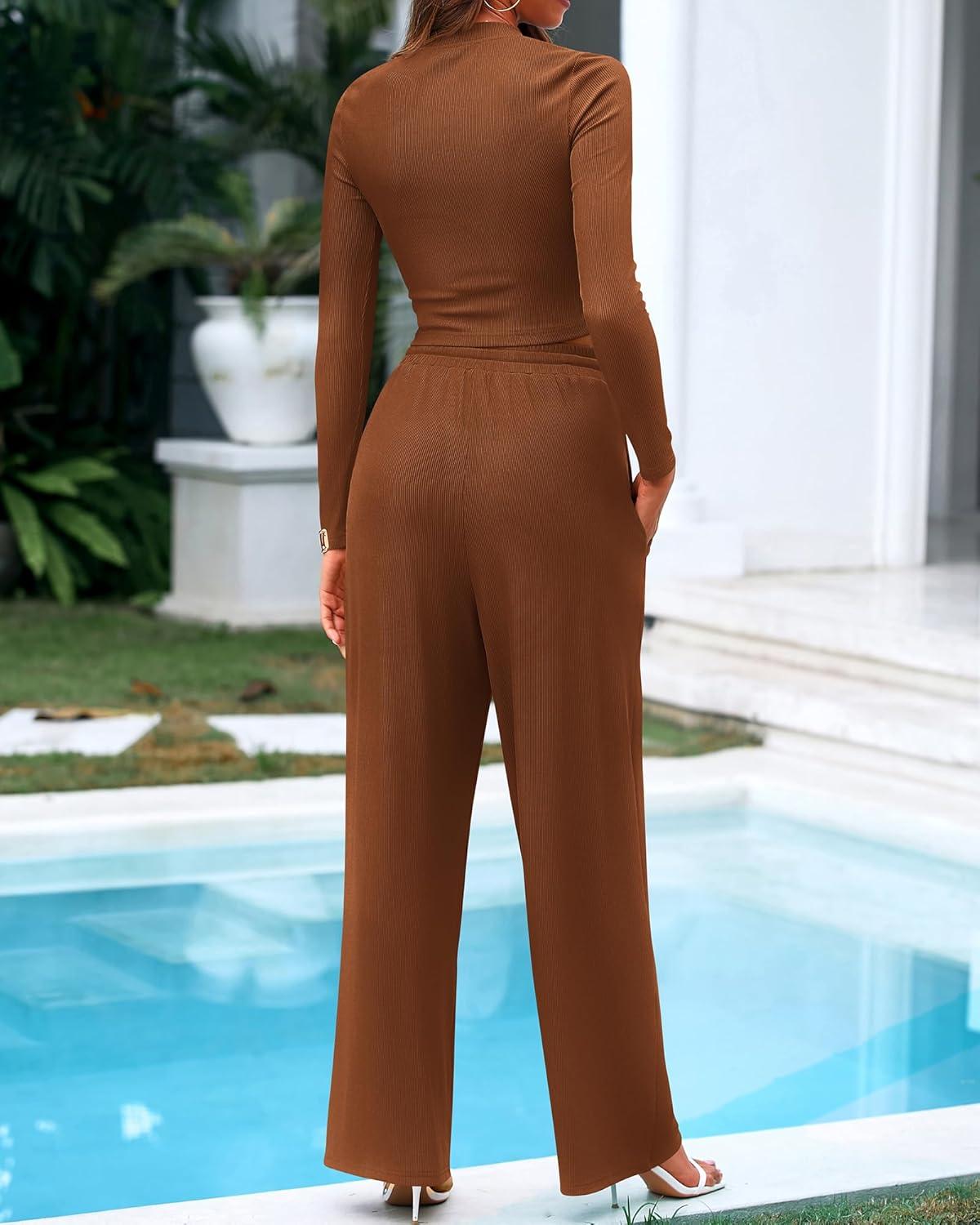 imageBTFBM Casual 2 Piece Sets For Women Fall Outfits 2025 Ribbed Spring Long Sleeve Crop Top Wide Leg Pants Matching Lounge SetBrown