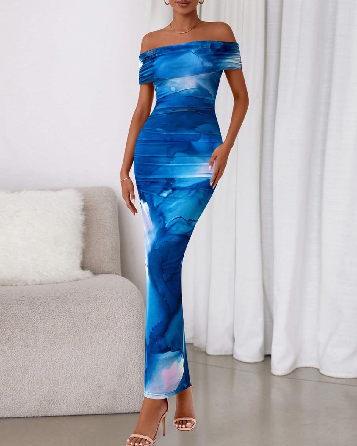 imageBTFBM Cocktail Dresses for Women 2026 Elegant Classy Off Shoulder Bodycon Mesh Slit Floral Maxi Spring Summer DressFloral Dark Blue