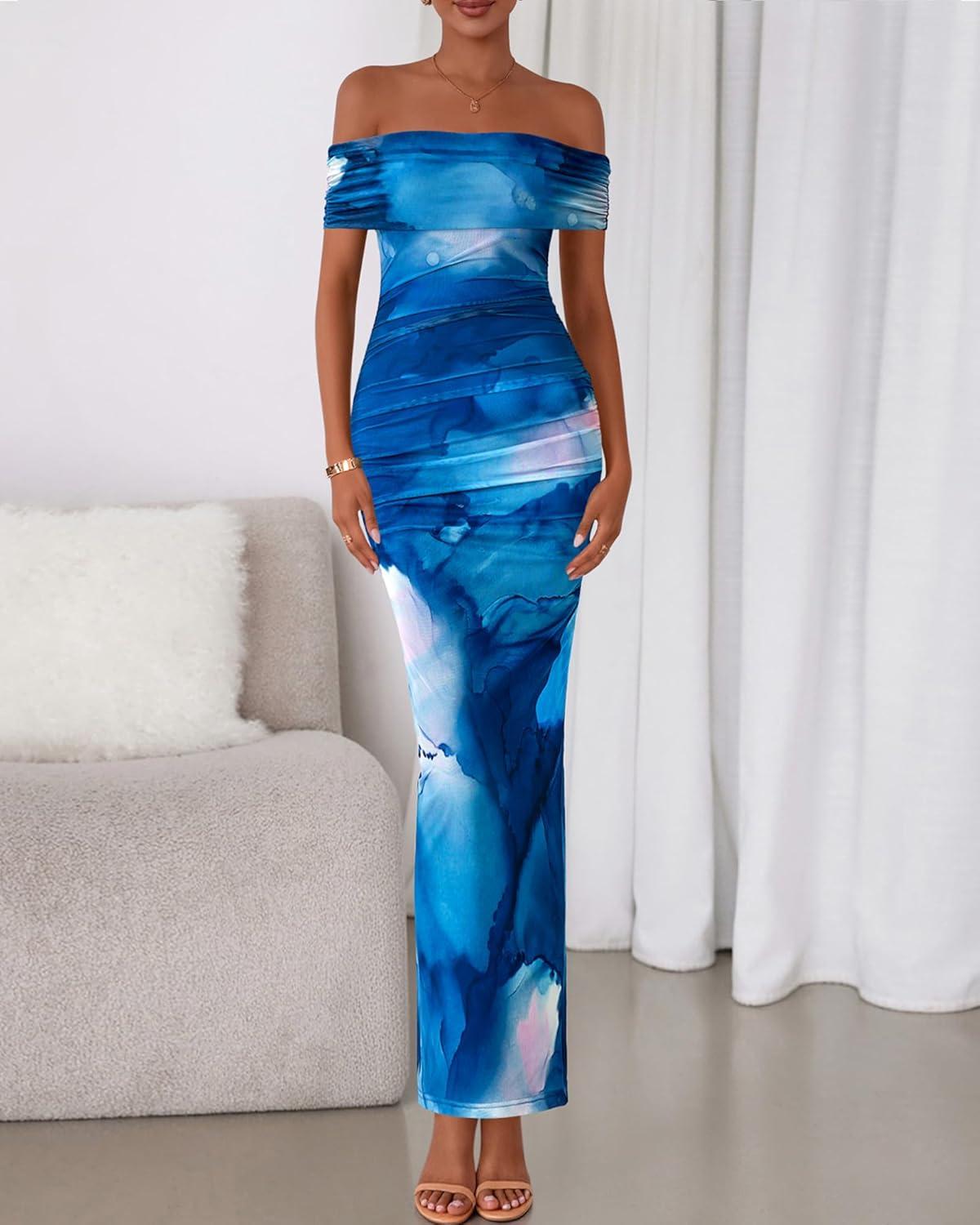 imageBTFBM Cocktail Dresses for Women 2026 Elegant Classy Off Shoulder Bodycon Mesh Slit Floral Maxi Spring Summer DressFloral Dark Blue