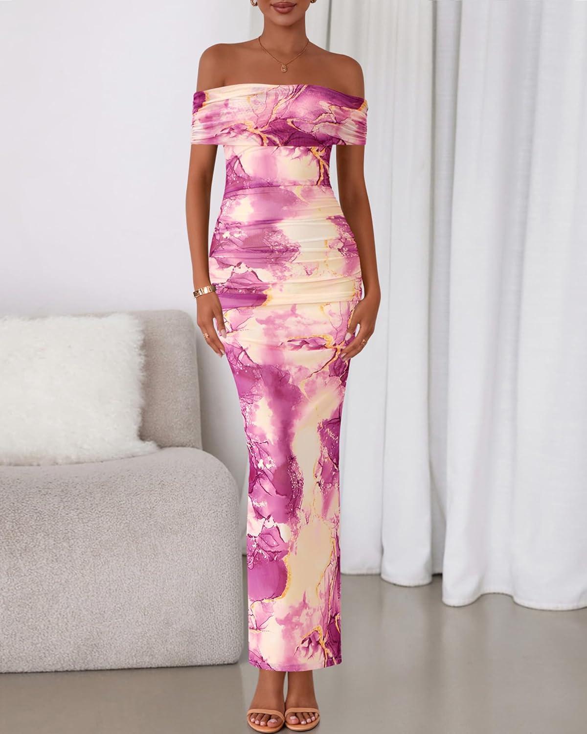 imageBTFBM Cocktail Dresses for Women 2026 Elegant Classy Off Shoulder Bodycon Mesh Slit Floral Maxi Spring Summer DressFloral Purple
