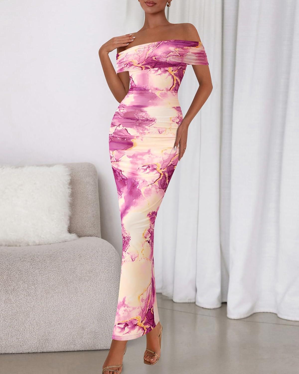 imageBTFBM Cocktail Dresses for Women 2026 Elegant Classy Off Shoulder Bodycon Mesh Slit Floral Maxi Spring Summer DressFloral Purple