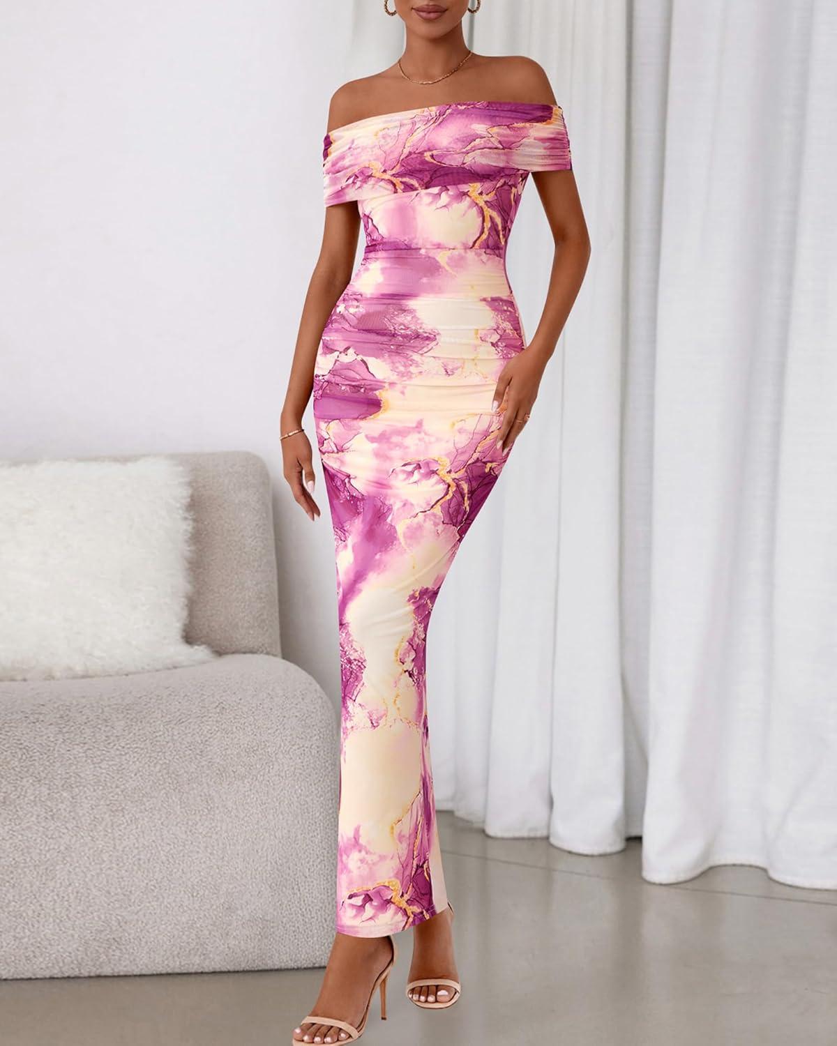 imageBTFBM Cocktail Dresses for Women 2026 Elegant Classy Off Shoulder Bodycon Mesh Slit Floral Maxi Spring Summer DressFloral Purple