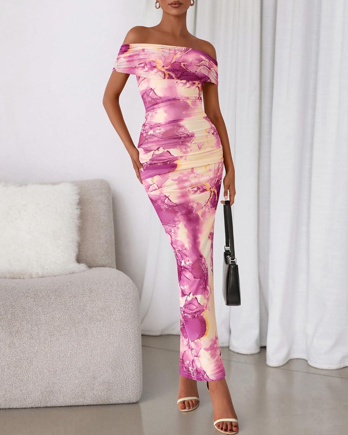 imageBTFBM Cocktail Dresses for Women 2026 Elegant Classy Off Shoulder Bodycon Mesh Slit Floral Maxi Spring Summer DressFloral Purple