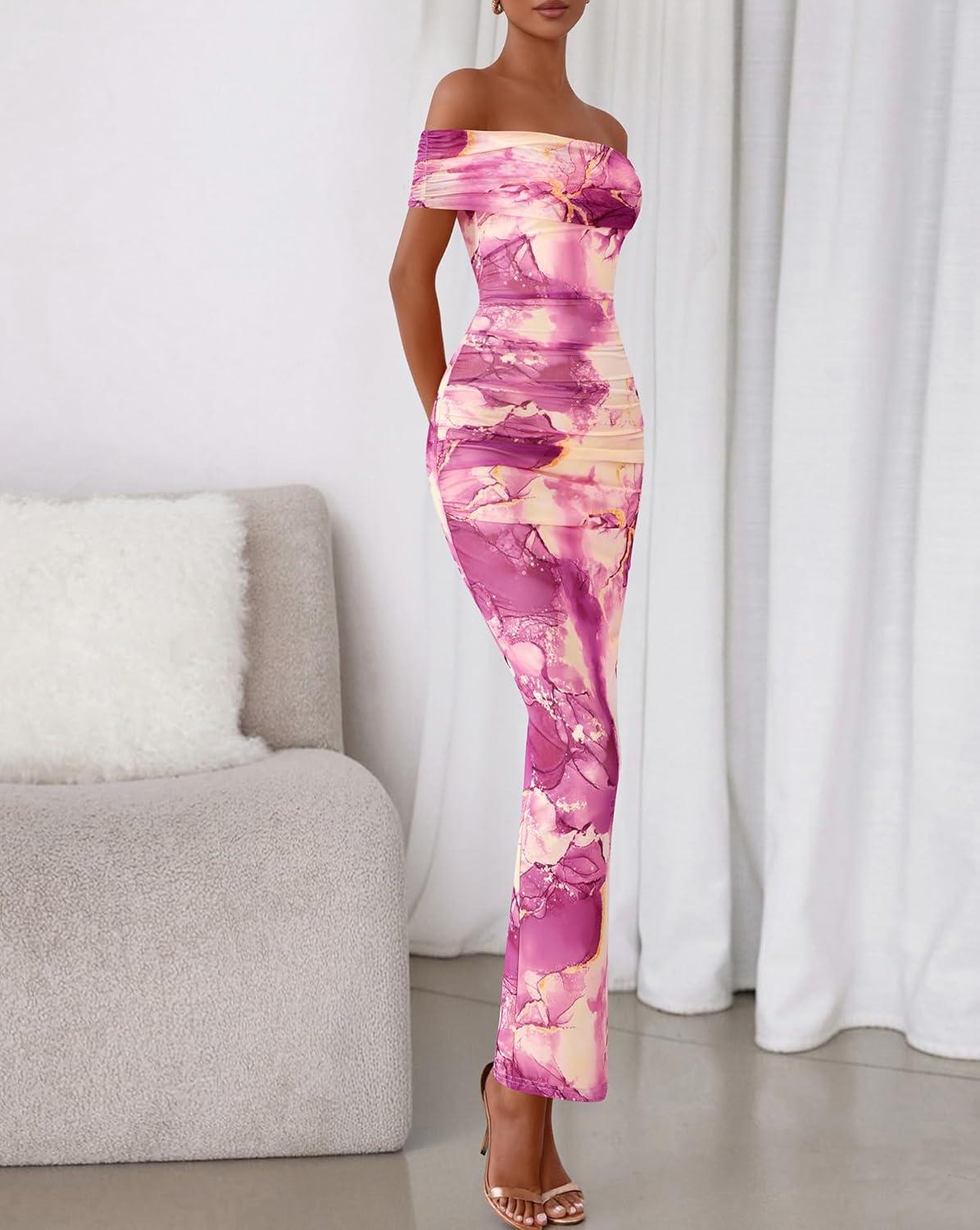 imageBTFBM Cocktail Dresses for Women 2026 Elegant Classy Off Shoulder Bodycon Mesh Slit Floral Maxi Spring Summer DressFloral Purple