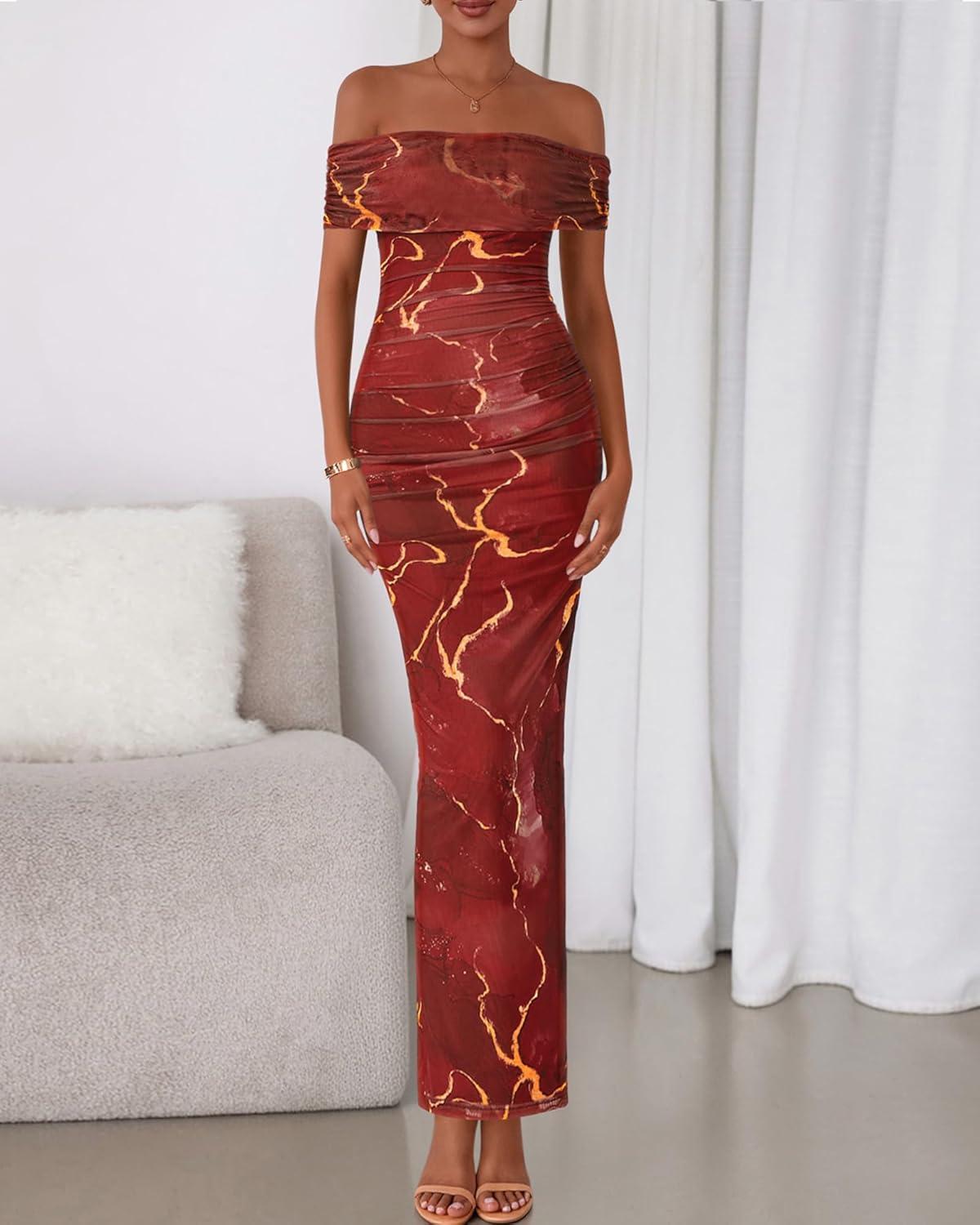 imageBTFBM Cocktail Dresses for Women 2026 Elegant Classy Off Shoulder Bodycon Mesh Slit Floral Maxi Spring Summer DressFloral Wine Red