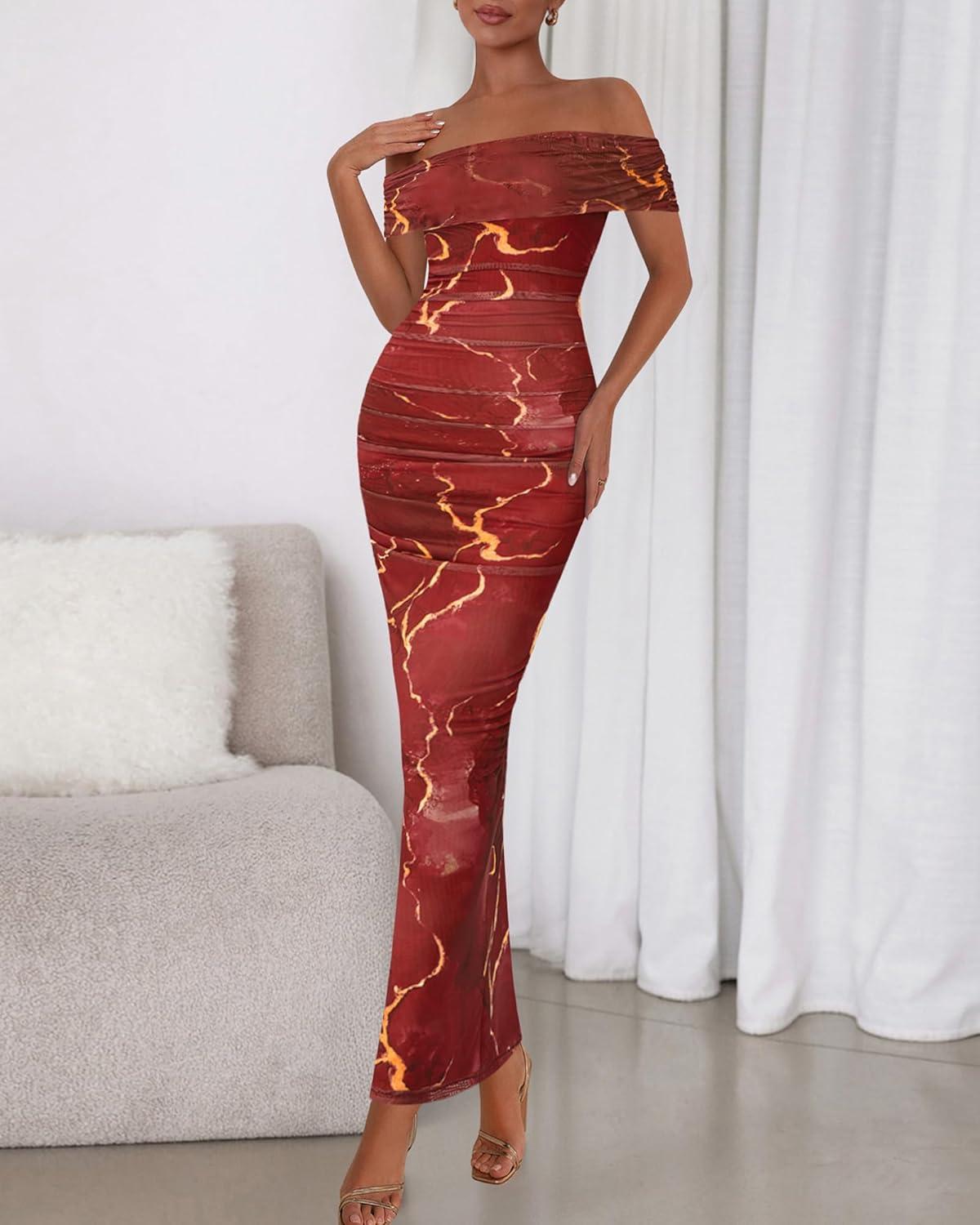 imageBTFBM Cocktail Dresses for Women 2026 Elegant Classy Off Shoulder Bodycon Mesh Slit Floral Maxi Spring Summer DressFloral Wine Red