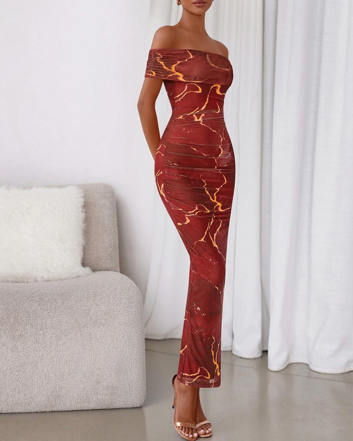 imageBTFBM Cocktail Dresses for Women 2026 Elegant Classy Off Shoulder Bodycon Mesh Slit Floral Maxi Spring Summer DressFloral Wine Red