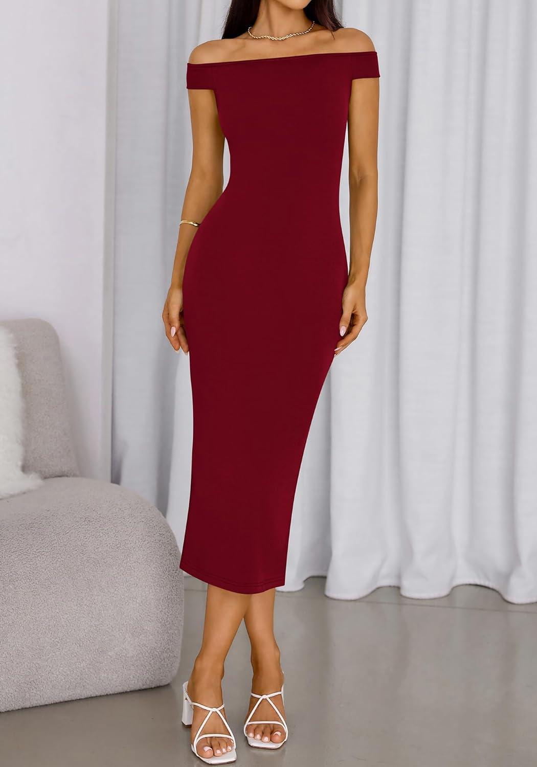 imageBTFBM Fall Dresses for Women 2025 Midi Off The Shoulder Sleeveless Split Knit Slim Fit Cocktail Party Semi Formal DressWine Red