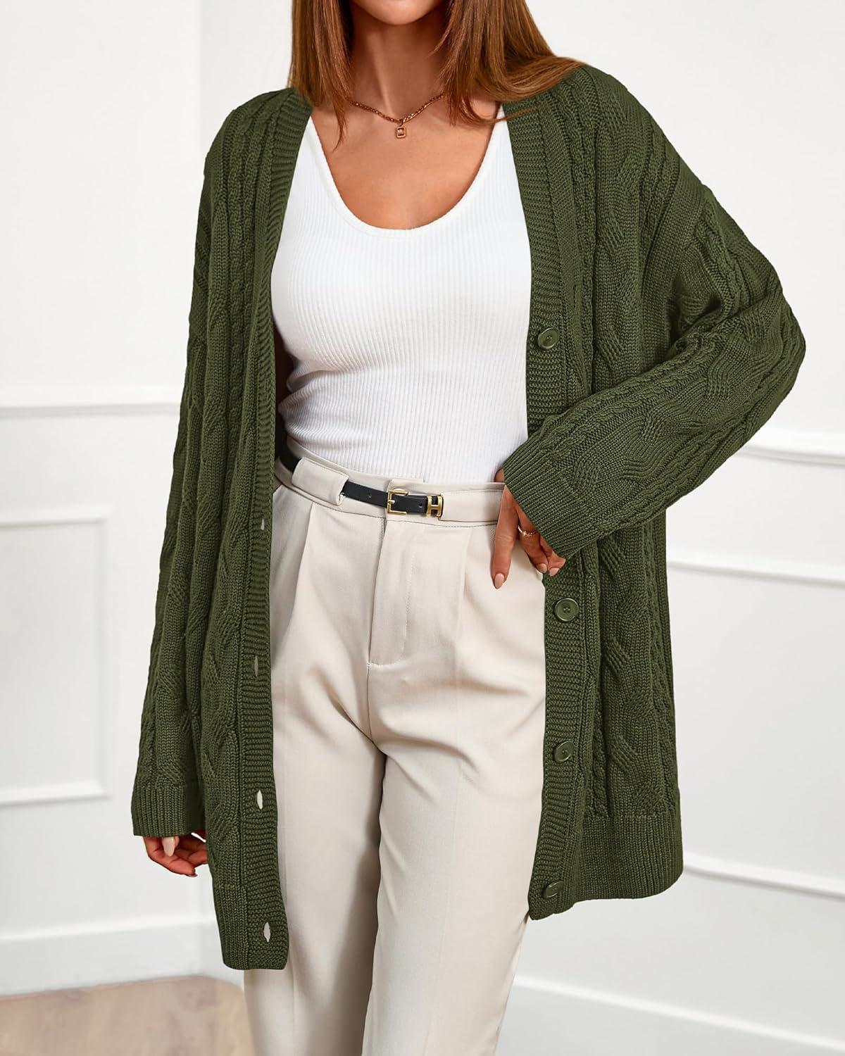 imageBTFBM Fall Fashion 2025 Chunky Cardigan Sweaters for Women Winter Open Front Cable Knit Button Long Cardigans OuterwearArmy Green