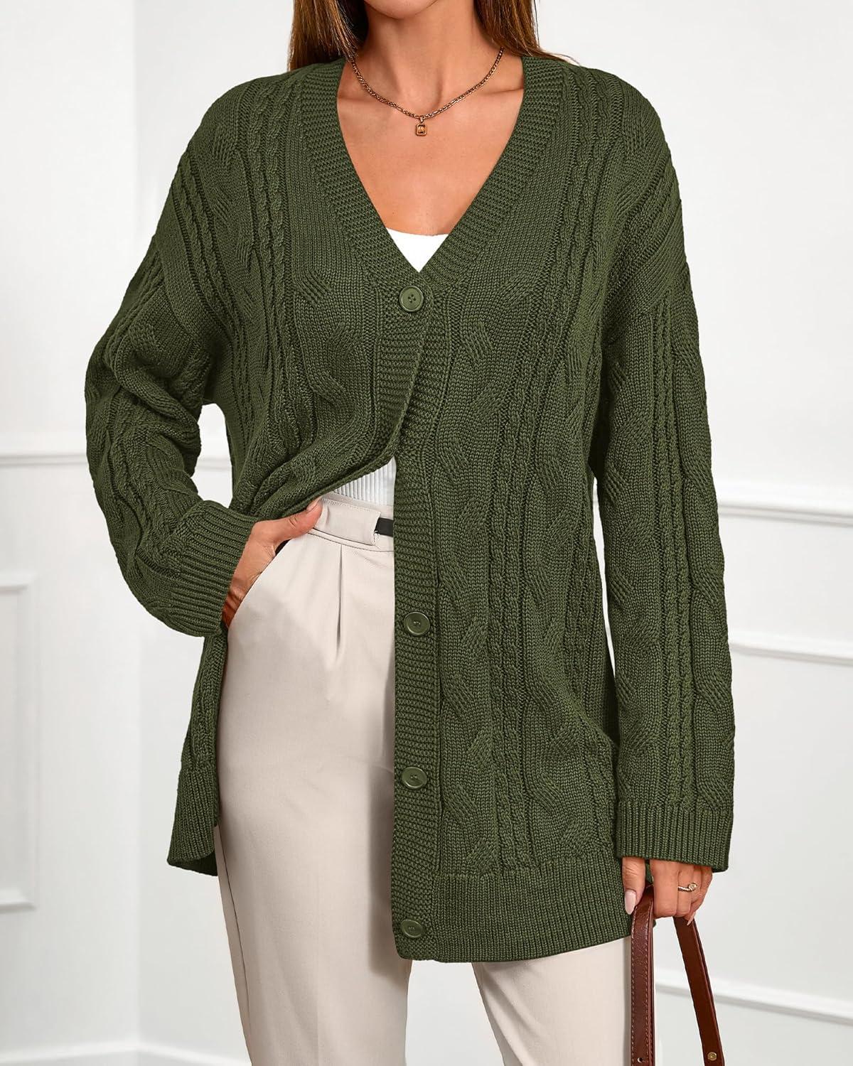imageBTFBM Fall Fashion 2025 Chunky Cardigan Sweaters for Women Winter Open Front Cable Knit Button Long Cardigans OuterwearArmy Green