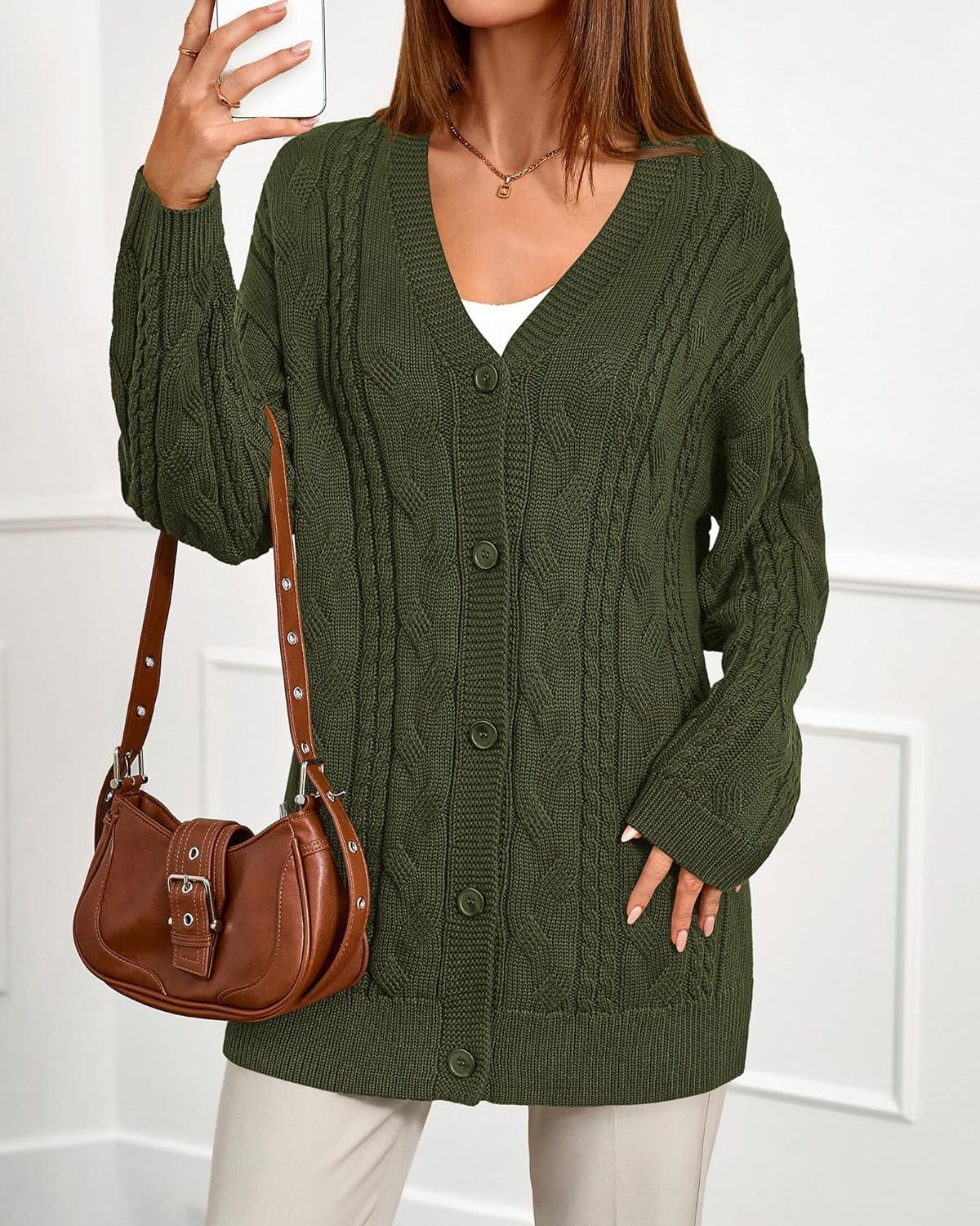 imageBTFBM Fall Fashion 2025 Chunky Cardigan Sweaters for Women Winter Open Front Cable Knit Button Long Cardigans OuterwearArmy Green