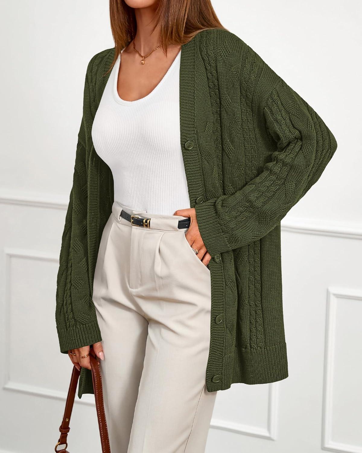 imageBTFBM Fall Fashion 2025 Chunky Cardigan Sweaters for Women Winter Open Front Cable Knit Button Long Cardigans OuterwearArmy Green