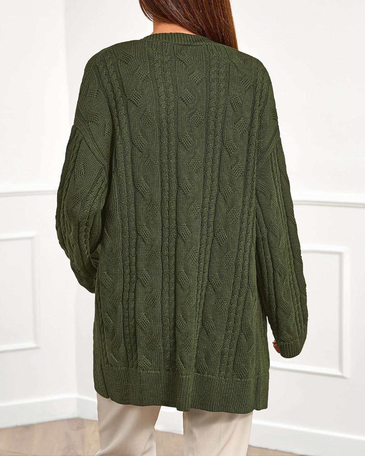imageBTFBM Fall Fashion 2025 Chunky Cardigan Sweaters for Women Winter Open Front Cable Knit Button Long Cardigans OuterwearArmy Green