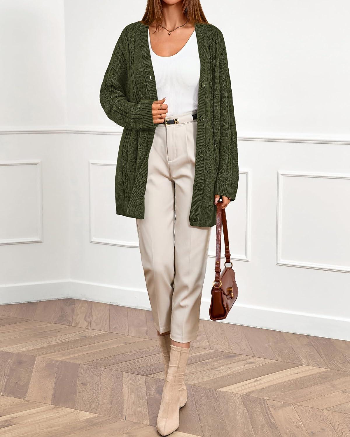 imageBTFBM Fall Fashion 2025 Chunky Cardigan Sweaters for Women Winter Open Front Cable Knit Button Long Cardigans OuterwearArmy Green