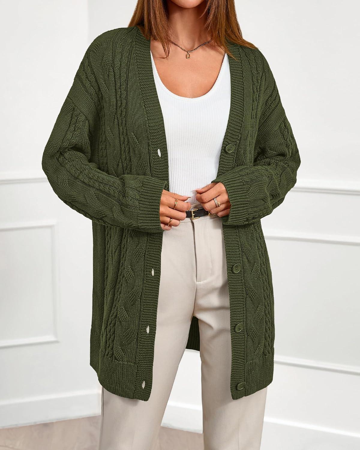imageBTFBM Fall Fashion 2025 Chunky Cardigan Sweaters for Women Winter Open Front Cable Knit Button Long Cardigans OuterwearArmy Green