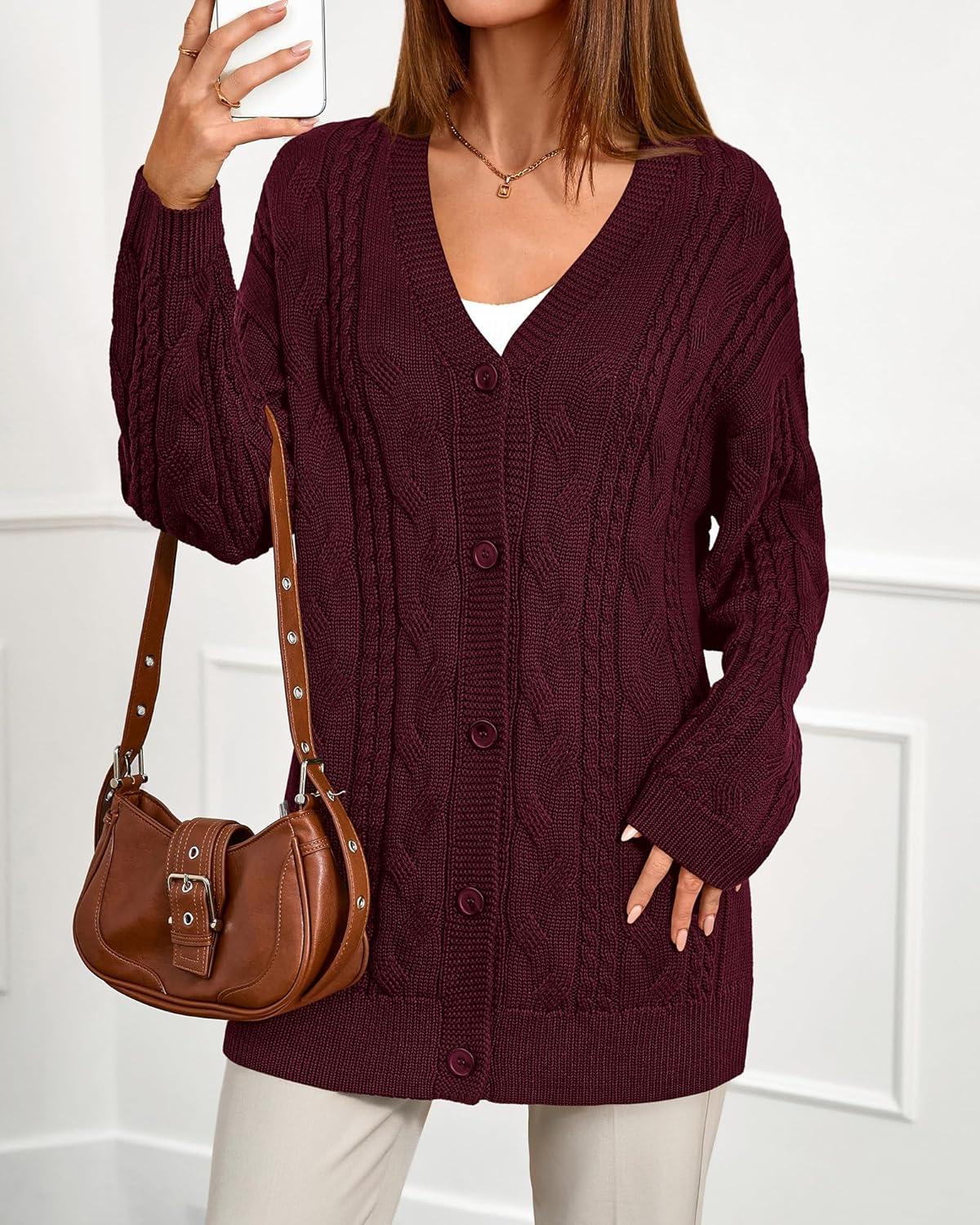 imageBTFBM Fall Fashion 2025 Chunky Cardigan Sweaters for Women Winter Open Front Cable Knit Button Long Cardigans OuterwearBurgundy