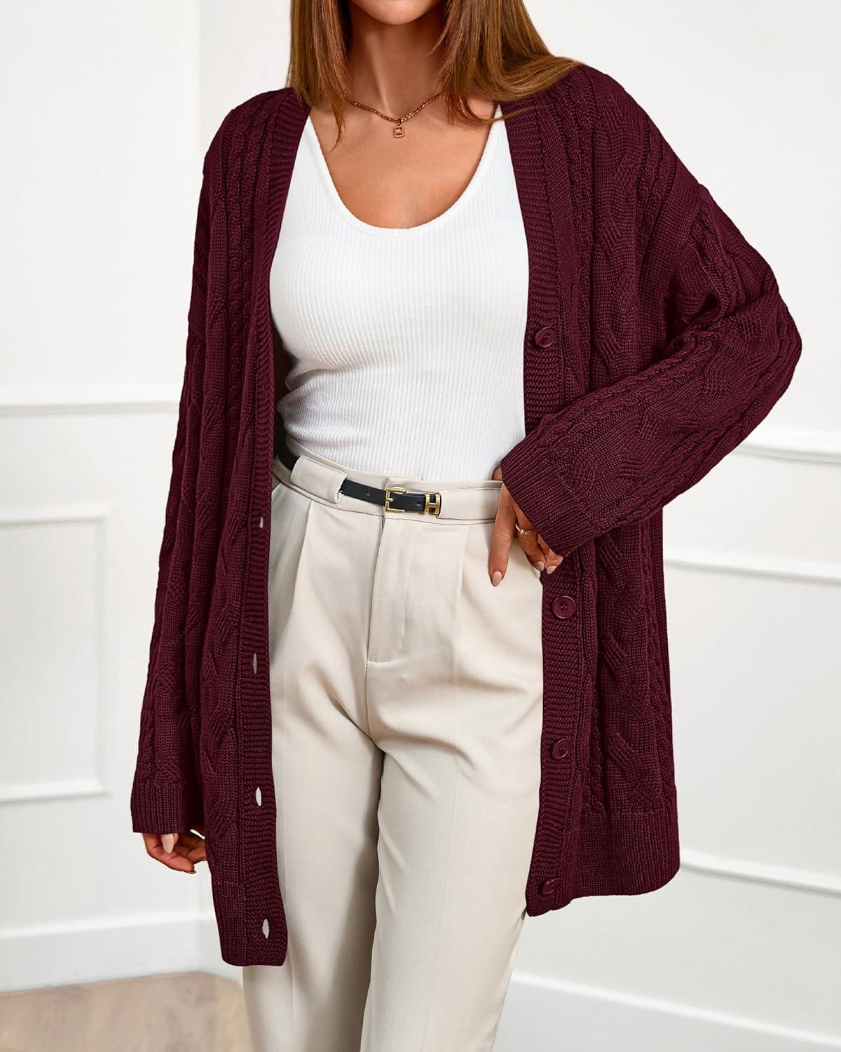 imageBTFBM Fall Fashion 2025 Chunky Cardigan Sweaters for Women Winter Open Front Cable Knit Button Long Cardigans OuterwearBurgundy