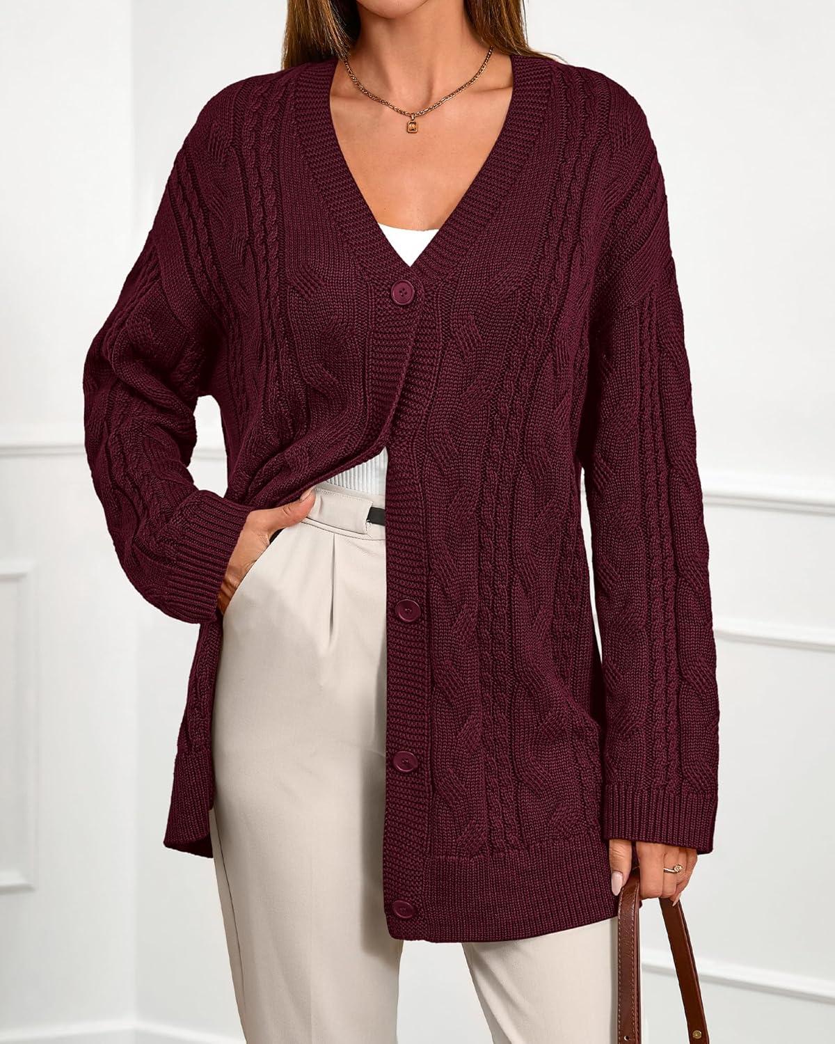 imageBTFBM Fall Fashion 2025 Chunky Cardigan Sweaters for Women Winter Open Front Cable Knit Button Long Cardigans OuterwearBurgundy