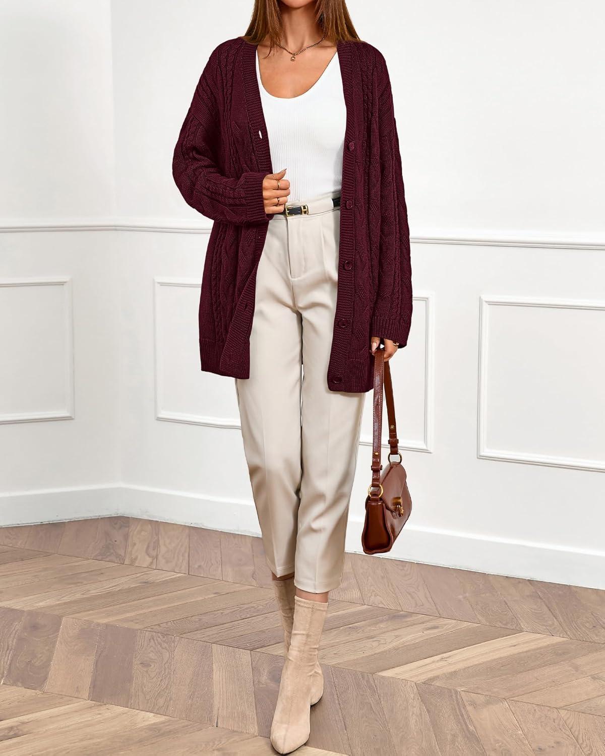 imageBTFBM Fall Fashion 2025 Chunky Cardigan Sweaters for Women Winter Open Front Cable Knit Button Long Cardigans OuterwearBurgundy