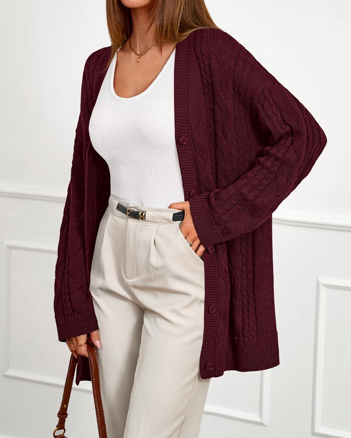 imageBTFBM Fall Fashion 2025 Chunky Cardigan Sweaters for Women Winter Open Front Cable Knit Button Long Cardigans OuterwearBurgundy