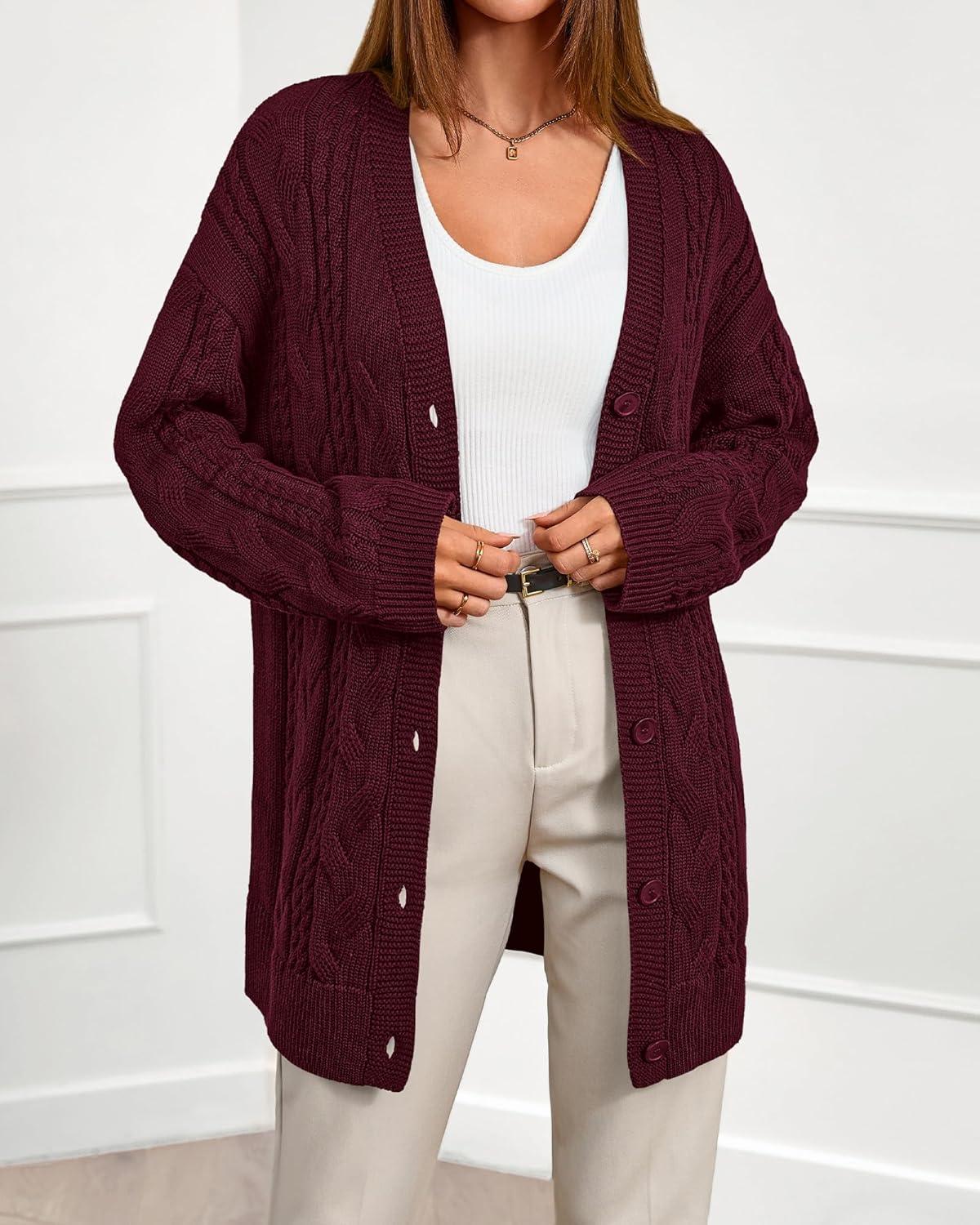 imageBTFBM Fall Fashion 2025 Chunky Cardigan Sweaters for Women Winter Open Front Cable Knit Button Long Cardigans OuterwearBurgundy