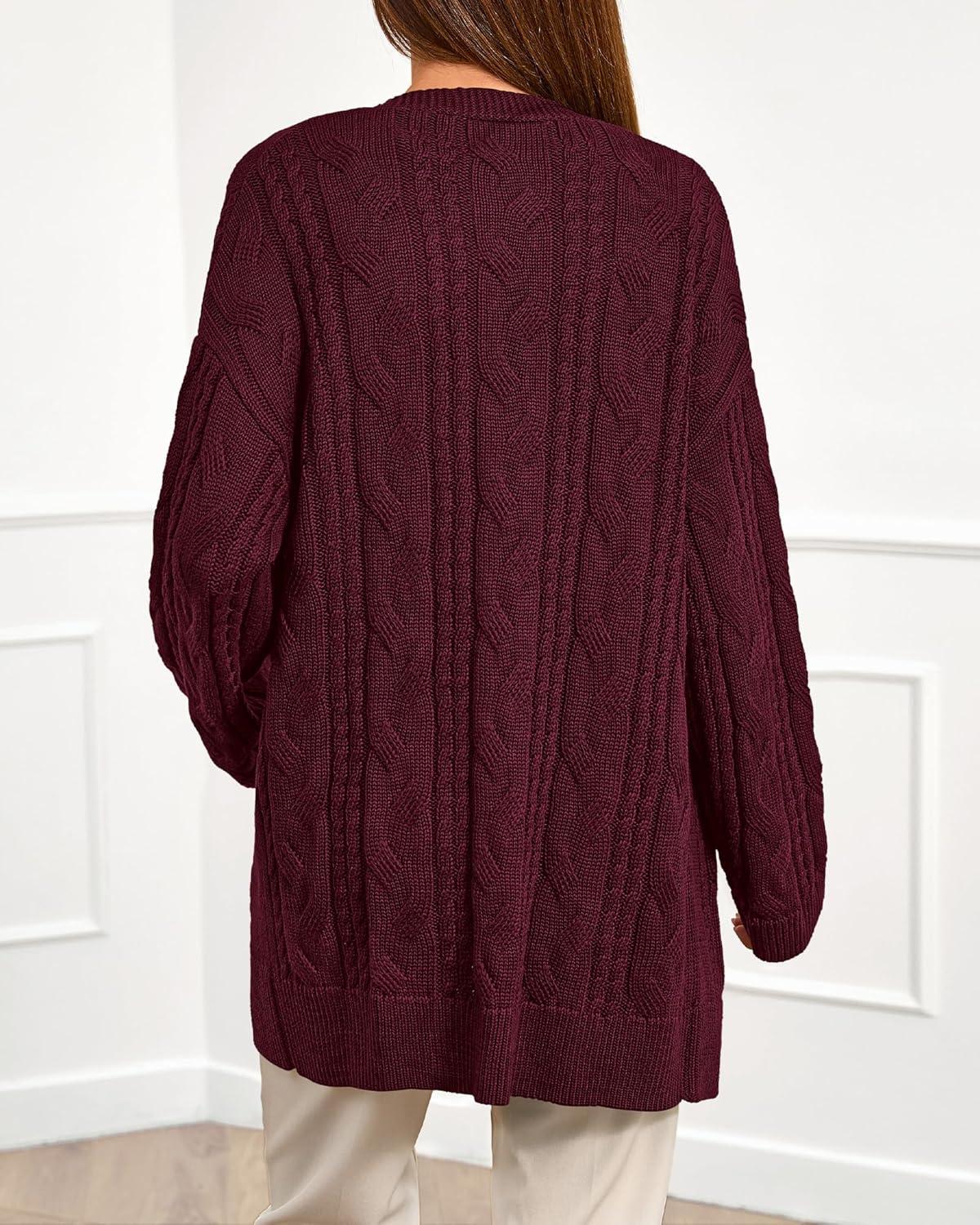 imageBTFBM Fall Fashion 2025 Chunky Cardigan Sweaters for Women Winter Open Front Cable Knit Button Long Cardigans OuterwearBurgundy