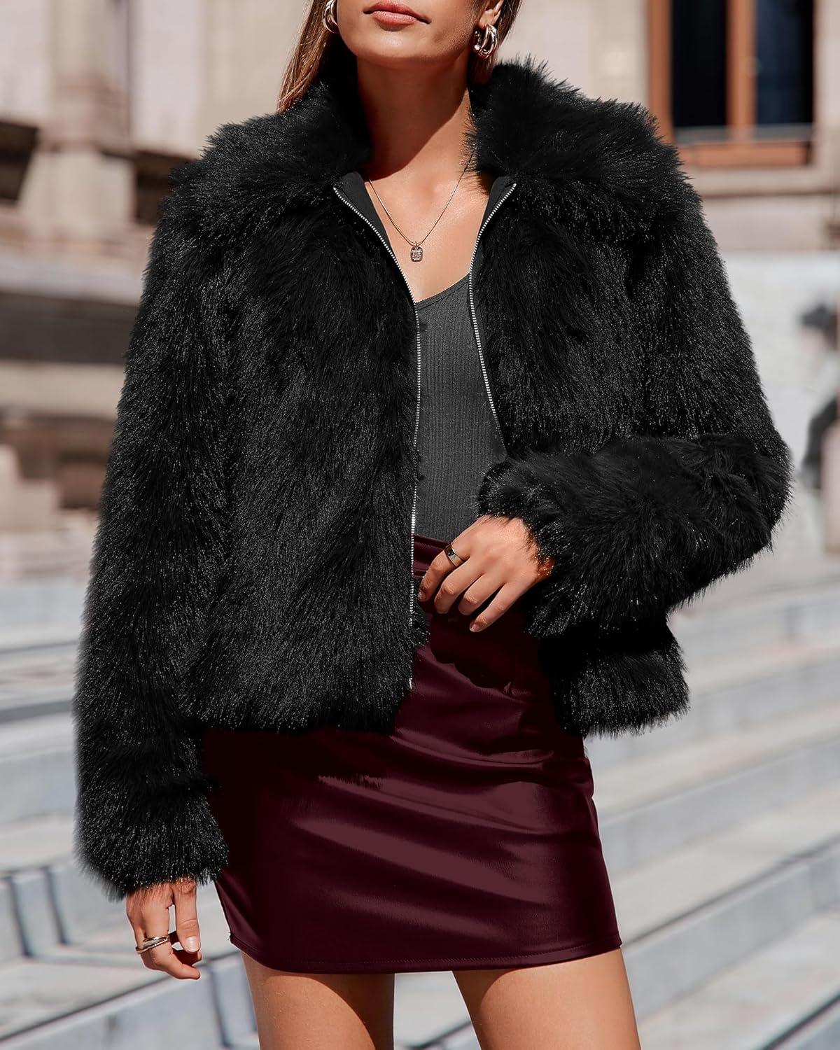 imageBTFBM Faux Fur Jacket Women Fluffy Winter Cropped Coats Zip Up Fuzzy Jackets Long Sleeve Furry Coat 2025 Fall ClothesBlack