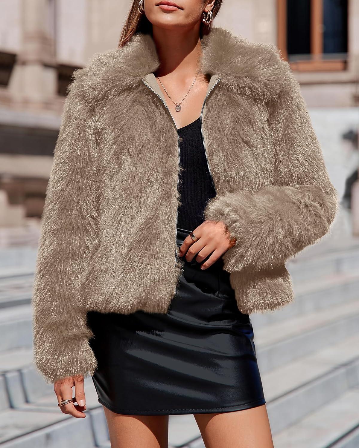 imageBTFBM Faux Fur Jacket Women Fluffy Winter Cropped Coats Zip Up Fuzzy Jackets Long Sleeve Furry Coat 2025 Fall ClothesKhaki