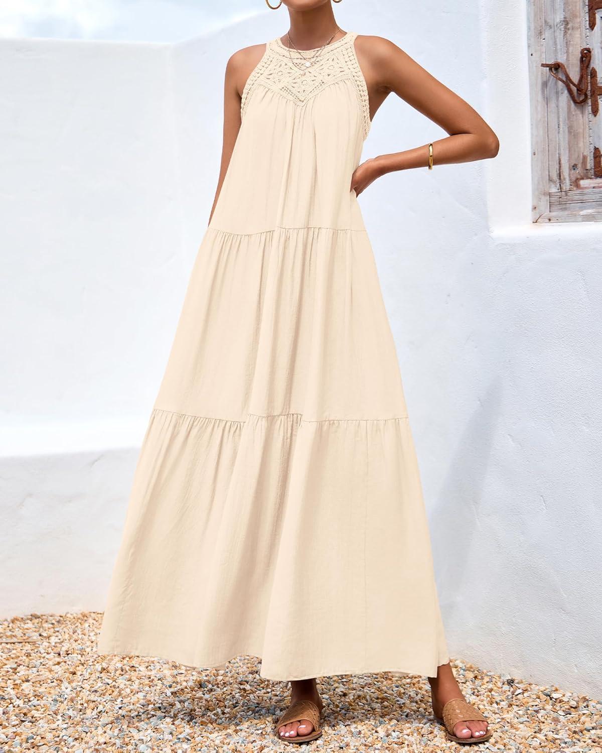 imageBTFBM Halter Summer Dresses for Women 2026 Casual Spring Hollow Out Sleeveless Boho Sundresses Beach Vacation Maxi DressApricot