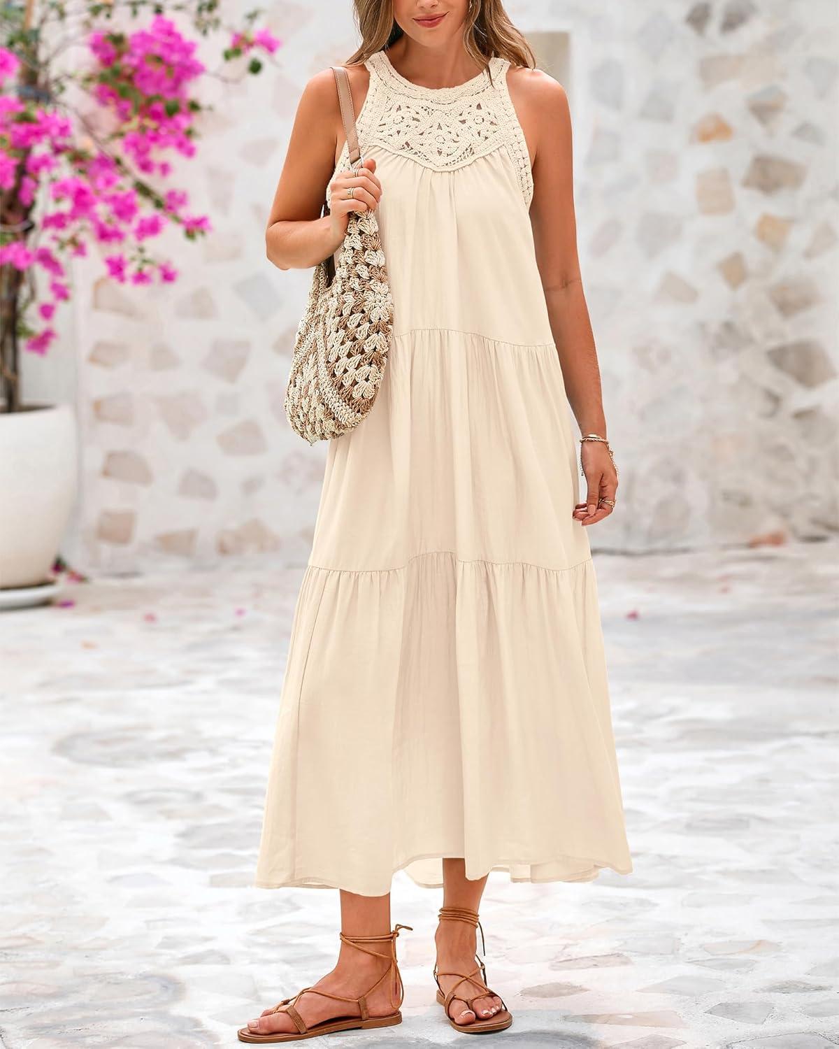 imageBTFBM Halter Summer Dresses for Women 2026 Casual Spring Hollow Out Sleeveless Boho Sundresses Beach Vacation Maxi DressApricot