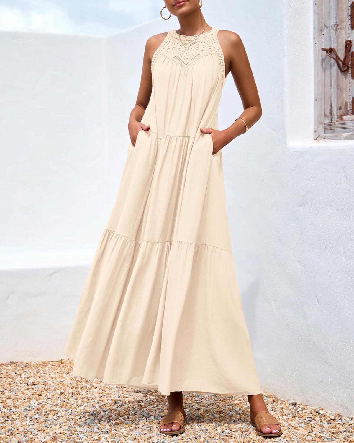 imageBTFBM Halter Summer Dresses for Women 2026 Casual Spring Hollow Out Sleeveless Boho Sundresses Beach Vacation Maxi DressApricot