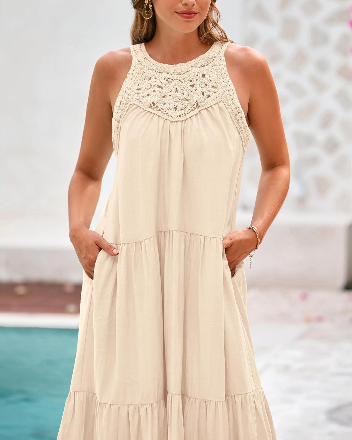 imageBTFBM Halter Summer Dresses for Women 2026 Casual Spring Hollow Out Sleeveless Boho Sundresses Beach Vacation Maxi DressApricot