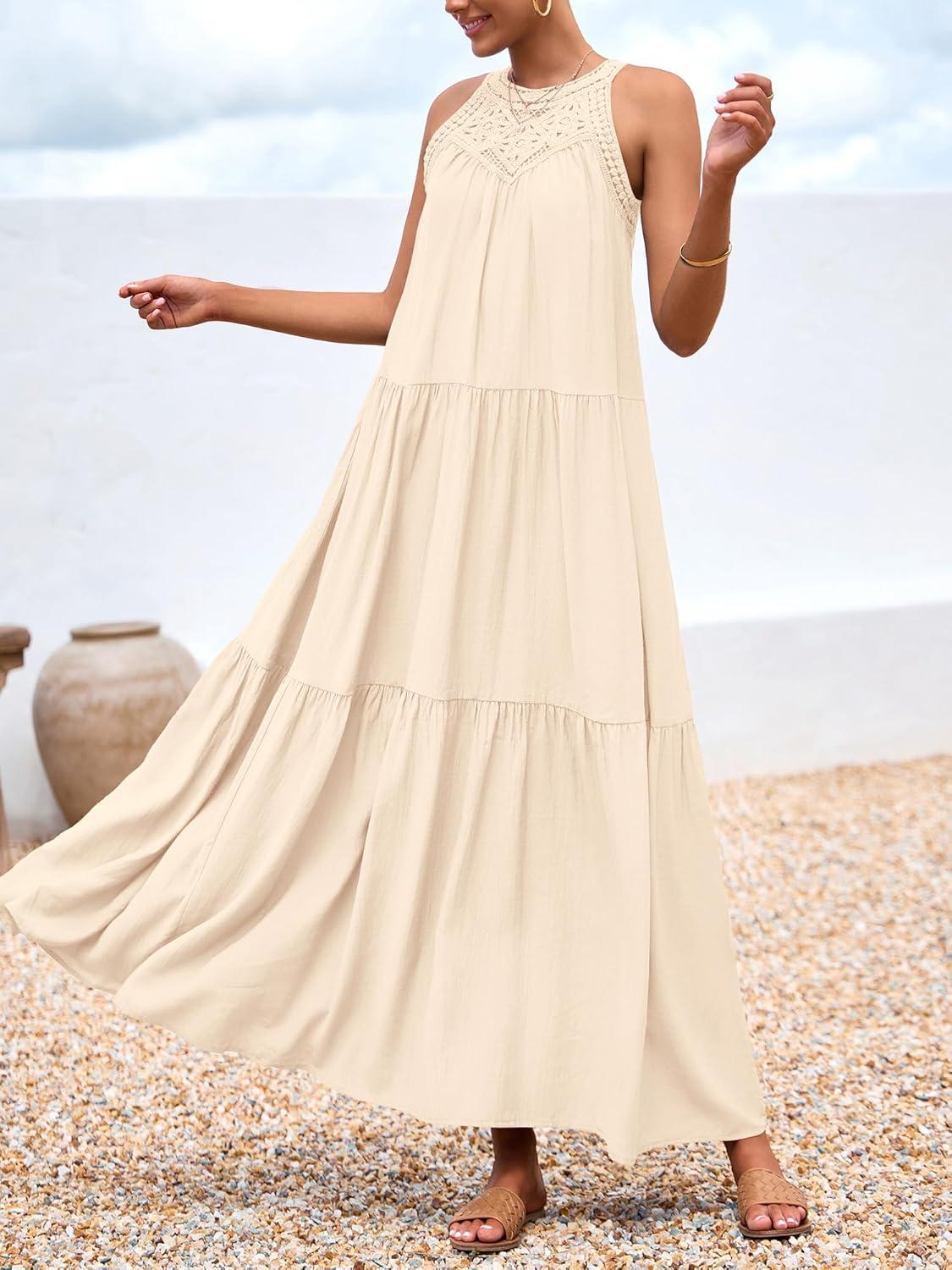 imageBTFBM Halter Summer Dresses for Women 2026 Casual Spring Hollow Out Sleeveless Boho Sundresses Beach Vacation Maxi DressApricot