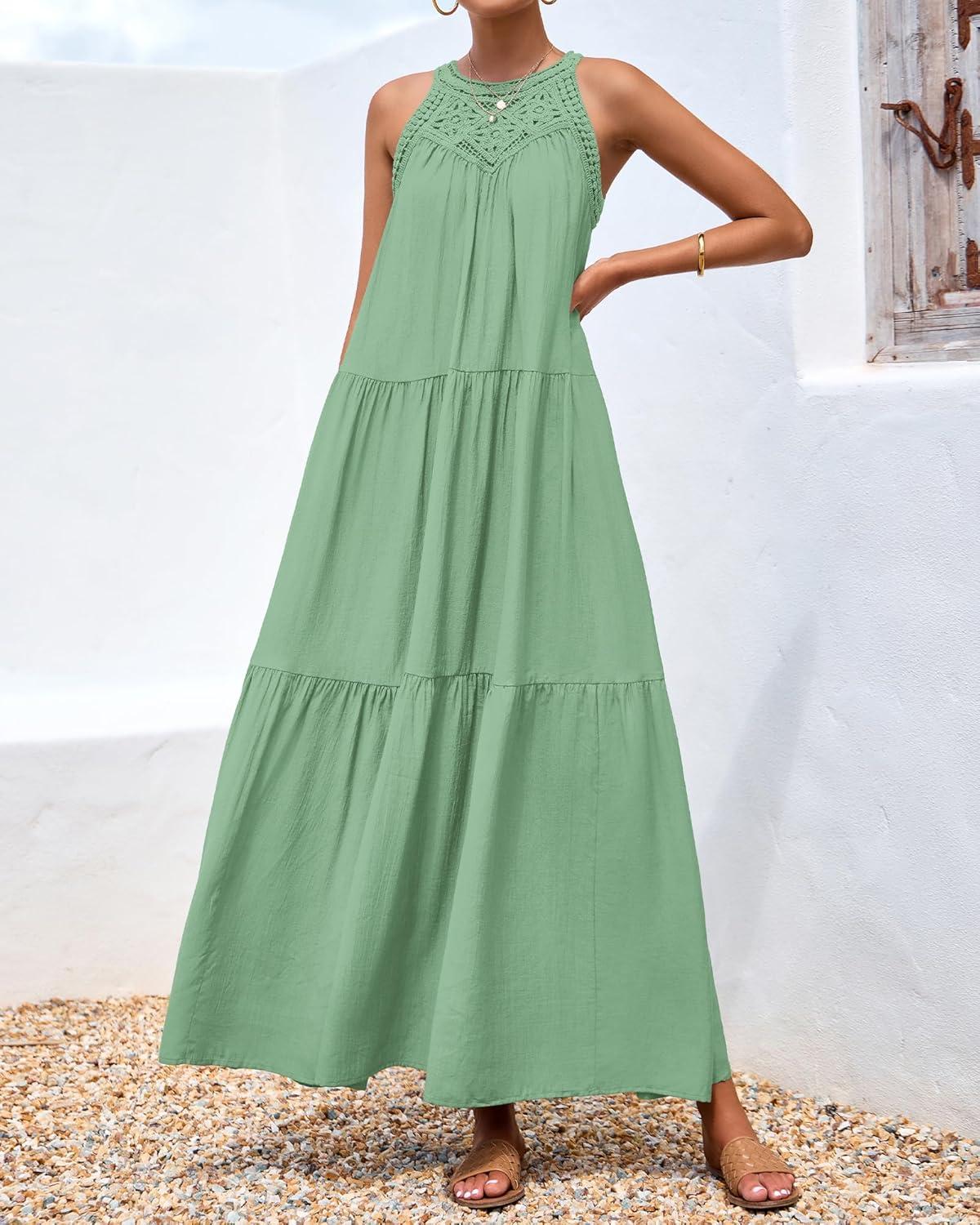 imageBTFBM Halter Summer Dresses for Women 2026 Casual Spring Hollow Out Sleeveless Boho Sundresses Beach Vacation Maxi DressBean Green