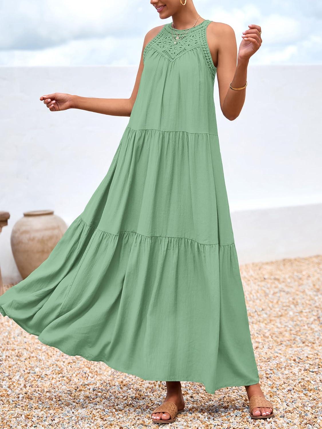 imageBTFBM Halter Summer Dresses for Women 2026 Casual Spring Hollow Out Sleeveless Boho Sundresses Beach Vacation Maxi DressBean Green