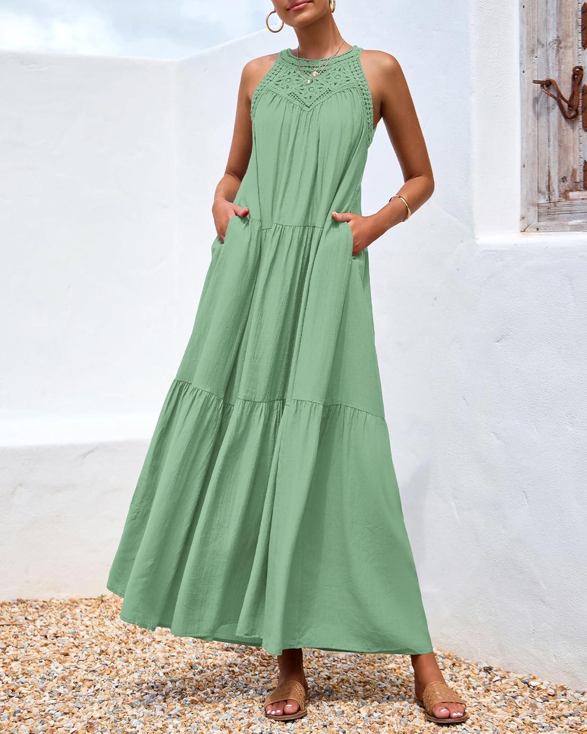 imageBTFBM Halter Summer Dresses for Women 2026 Casual Spring Hollow Out Sleeveless Boho Sundresses Beach Vacation Maxi DressBean Green