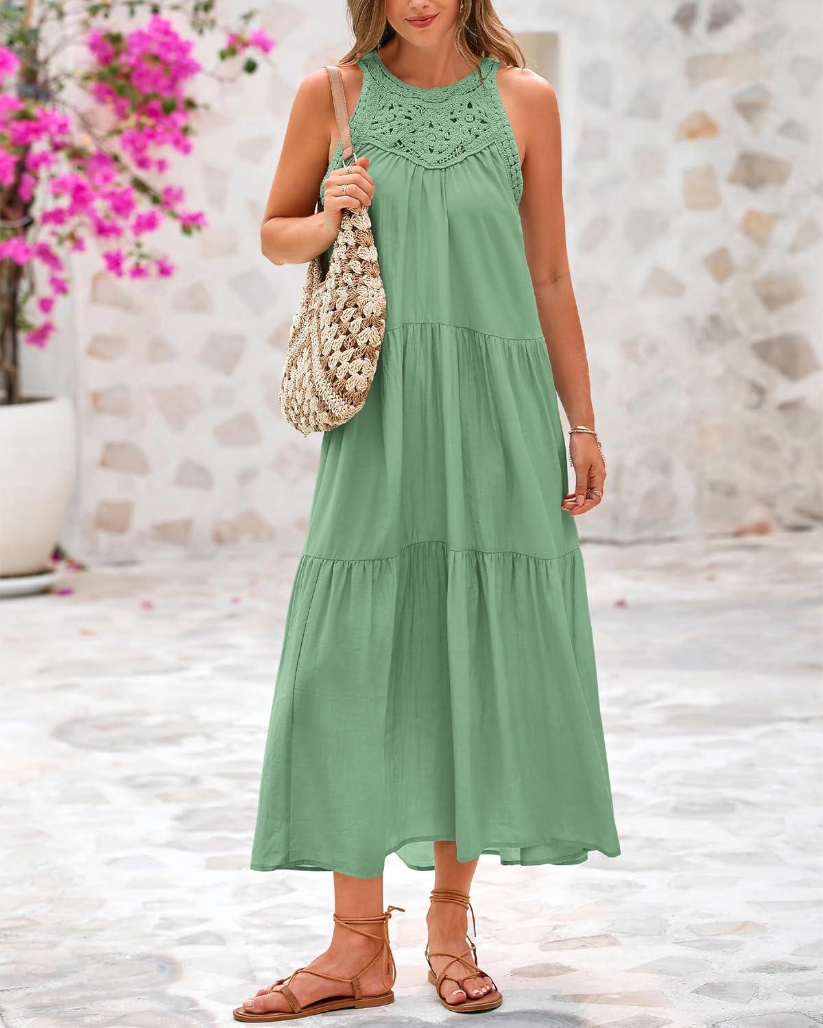 imageBTFBM Halter Summer Dresses for Women 2026 Casual Spring Hollow Out Sleeveless Boho Sundresses Beach Vacation Maxi DressBean Green