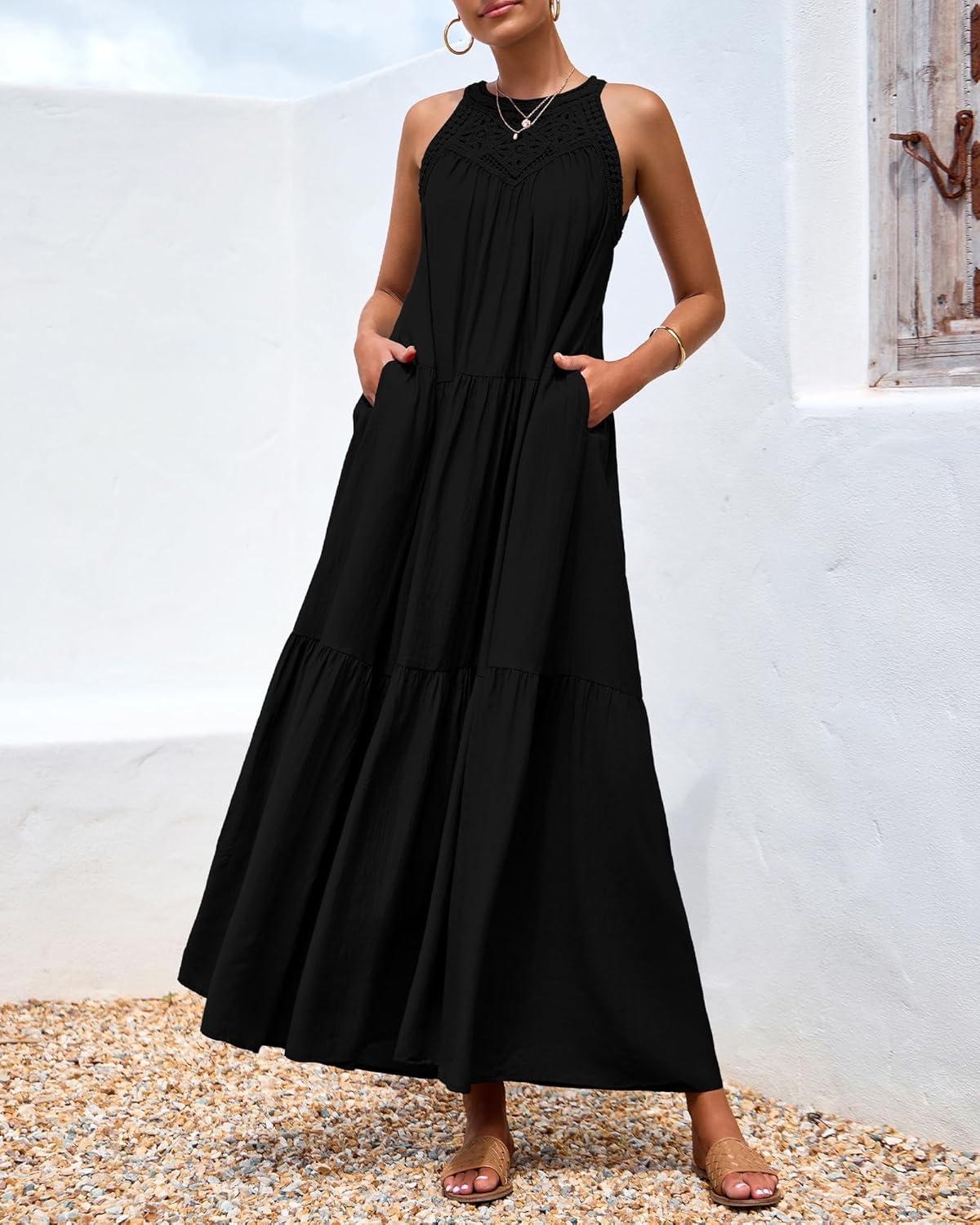 imageBTFBM Halter Summer Dresses for Women 2026 Casual Spring Hollow Out Sleeveless Boho Sundresses Beach Vacation Maxi DressBlack