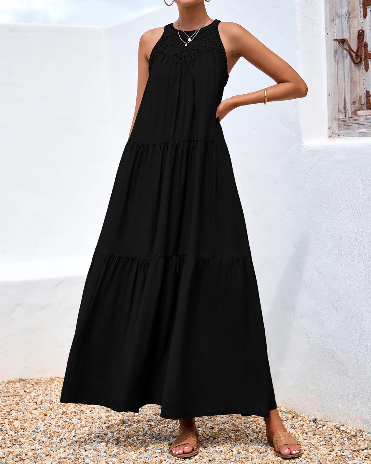 imageBTFBM Halter Summer Dresses for Women 2026 Casual Spring Hollow Out Sleeveless Boho Sundresses Beach Vacation Maxi DressBlack